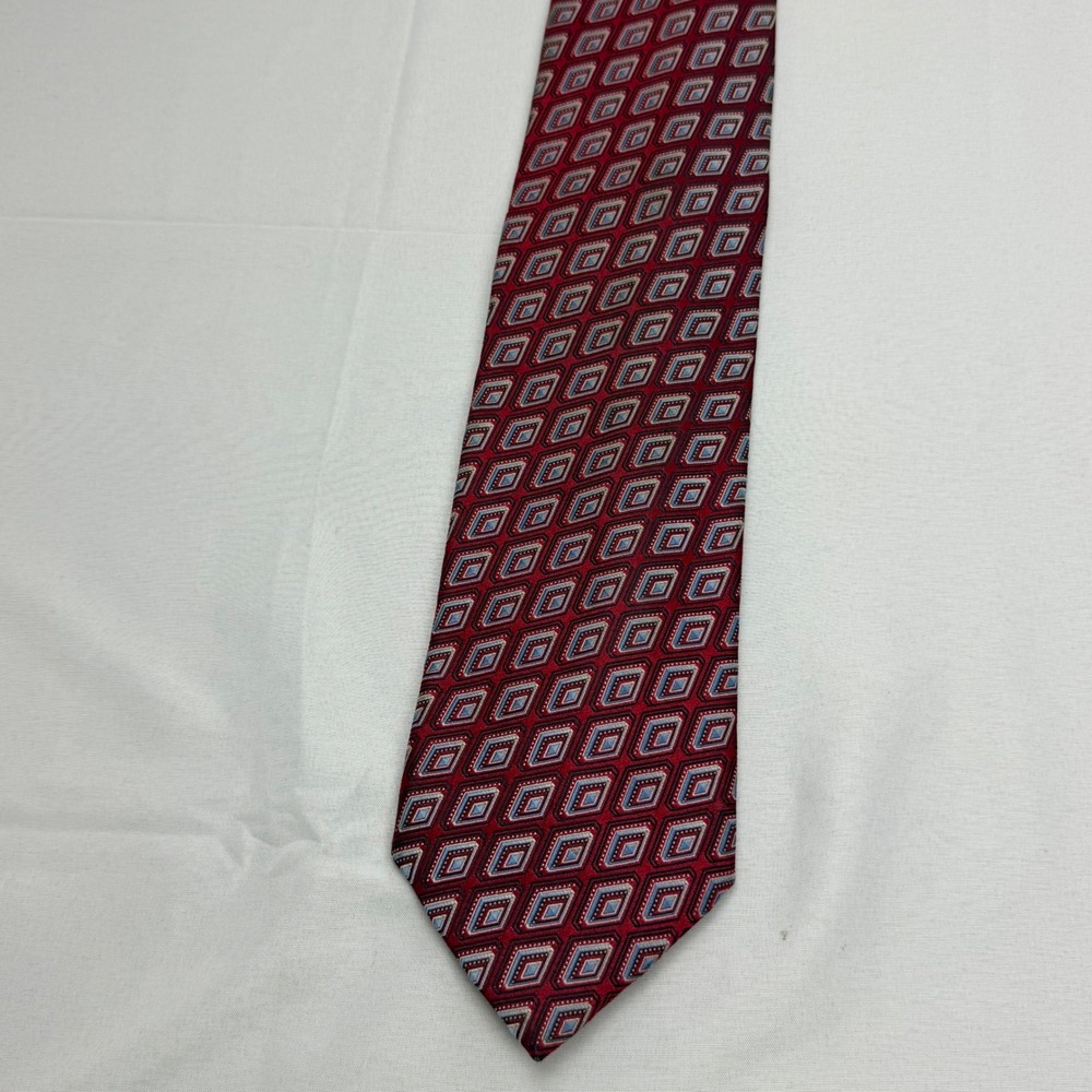 Ermenegildo Zegna Necktie 61" x 3.75" Red Geometric Diamond Silk Italy